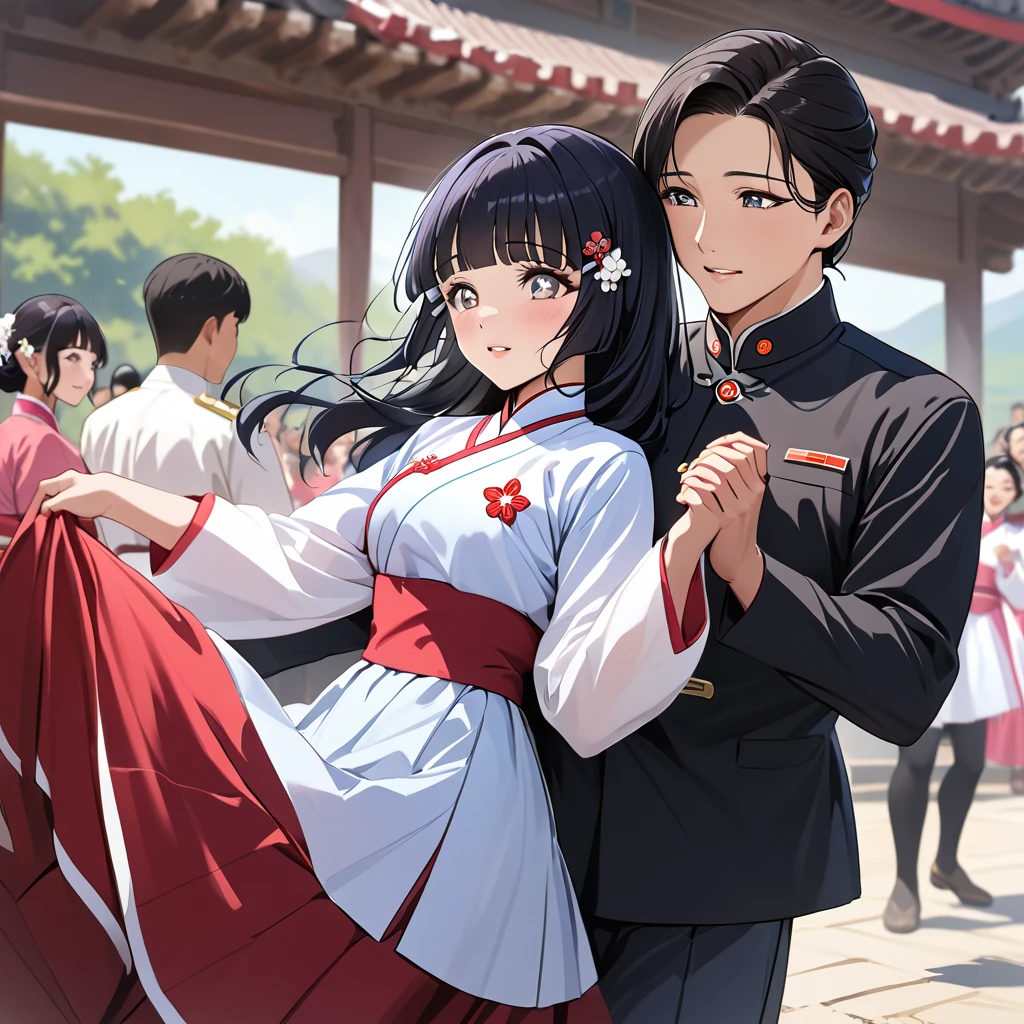 ((Highest quality)), ((masterpiece)), (detailed), (Perfect Face)、The woman is Reika Aoki with semi-long hair、The woman is a member of the North Korean pleasure group, and wears a charming North Korean traditional dress, dances for the general, and impresses him.