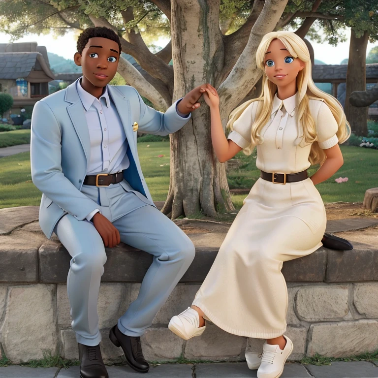 a Black man, a white and blonde woman, Disney  style, high qualiy 