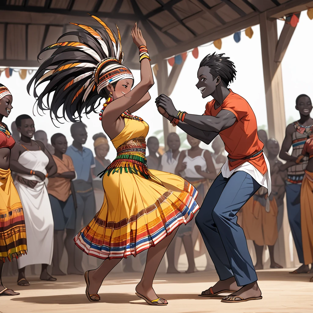 ((Highest quality)), ((masterpiece)), (detailed), （Perfect Face）、The woman is Aoki Reika, a Ghanaian with black skin and medium-long hair, and is a dancer of the indigenous people of Ghana, Africa.、A woman is wearing a Ghanaian tribal dance costume and has a Ghanaian hairstyle, and is dancing an African tribal dance with a man, who is proposing to her.
