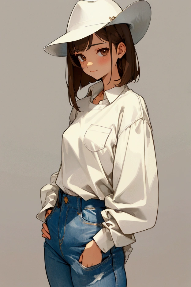 a painting of a young woman, soft thighs, small breasts, thin figure, regular sized brown eyes, white skin, wearing casual clothes: [waffle texture] light gray long sleeve shirt with rolled-up sleeves(u-neck shirt), off-white Panama hat, slim jeans, shirt tucked into pants. slightly wavey hair(cut neck-length), kind facial features, hands inside jean pockets, casual pose, soft smiling expression, soft-brunette hair. soft shading, drawing outlines