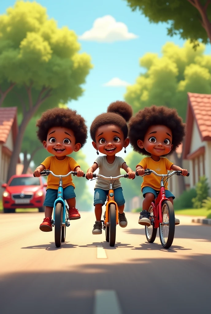 Two chubby black boys and 1 girl riding bicycles with a car behiand them 