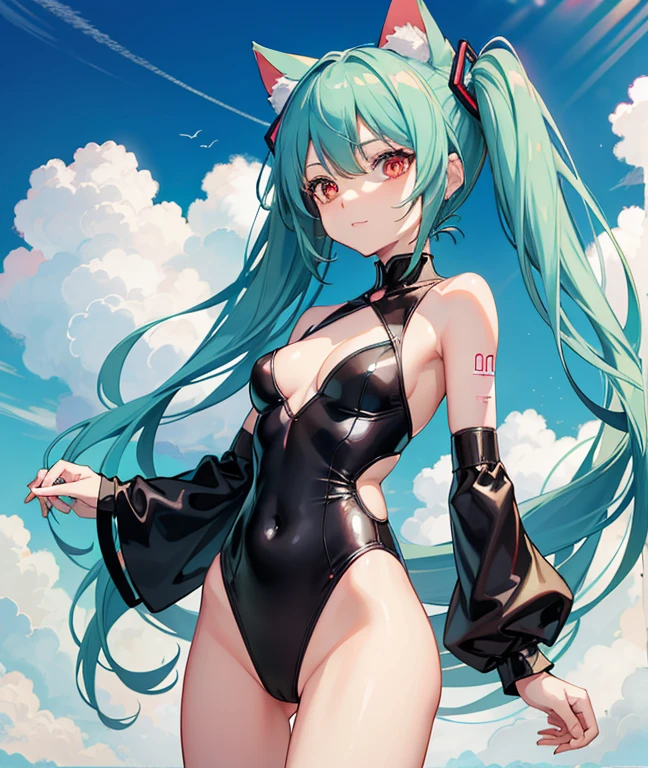 Highest quality, Perfect Anatomy,Cat ear masterpiece, hatsune miku, Exposing shoulders, The sleeves are separated, Evil Smiley Face, Red eyes, Iris, Pupil orange,Light blue hair,Small breasts,Cleavage,Black Swimsuit,