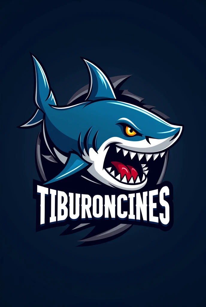 Create a volleyball team logo, that says “Tiburoncines” and is dark blue with white, silver and a little red on the shark's tongue
