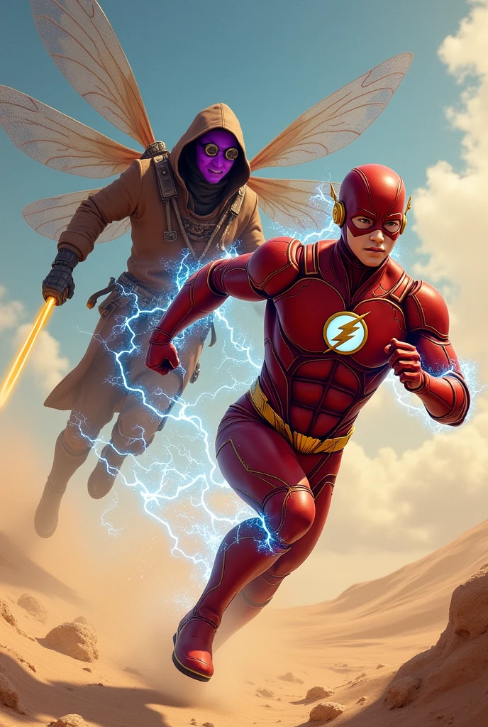 I want an illustration of Ezra Miller's Flash with Asian features and an aquiline nose., with large copper armor on the body and running in the desert between blue electric rays and chased from behind by a purple-skinned being with a brown suit and hood, round goggles, four long dragonfly wings and a cannon that shoots yellow rays