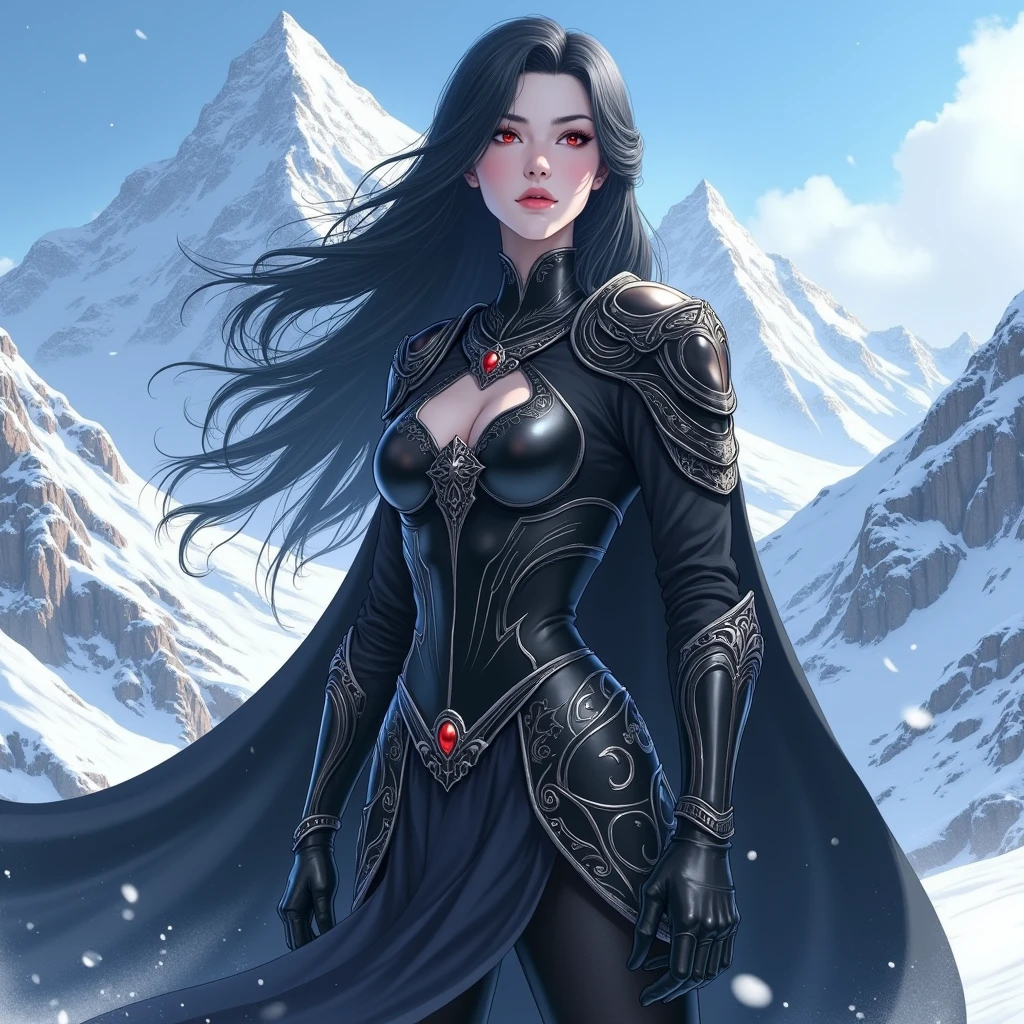 A Pale Women with long black raven hair, clad in a black full plate Armor stunningly beautiful, standing in a snowy mountain, her eyes red like ruby, Anime Style