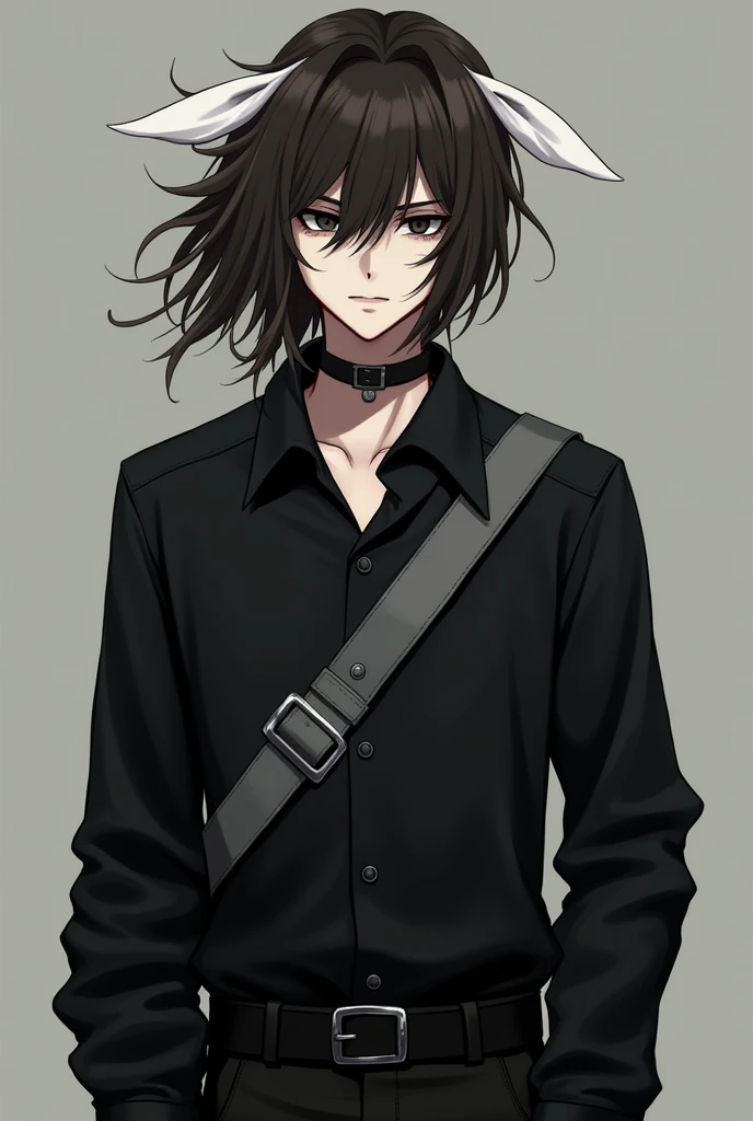 brown hair emo clothes and emo pants black eyes and bow behind the head man white bow gray strap

