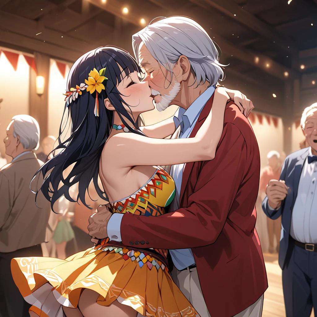 ((Highest quality)), ((masterpiece)), (detailed), (Perfect Face)、The woman is Reika Aoki with semi-long hair、A woman is in a South American salsa costume, kissing and dancing passionately with an old man, and the man proposes to her.