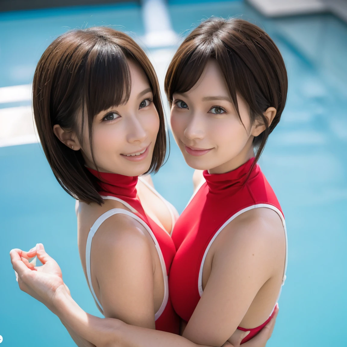 Japanese Girls、Licking fingers、((your breasts will grow、))Black Hair、(See through)、your breasts will grow(Face with open mouth)Background Outdoor pool、(My body is soaked..5)、Wavy hair and super short bob hair、Realistically、(Two girls hugging each other, your breasts will grow胸の膨らみを強調する)((Gross 5.5))(She is wearing a sleeveless red turtleneck swimsuit.)，，Accentuate your cleavage，Looking up from below，blush，moist pink lips，sexy，Own，Please smile、Place your arms behind your head、