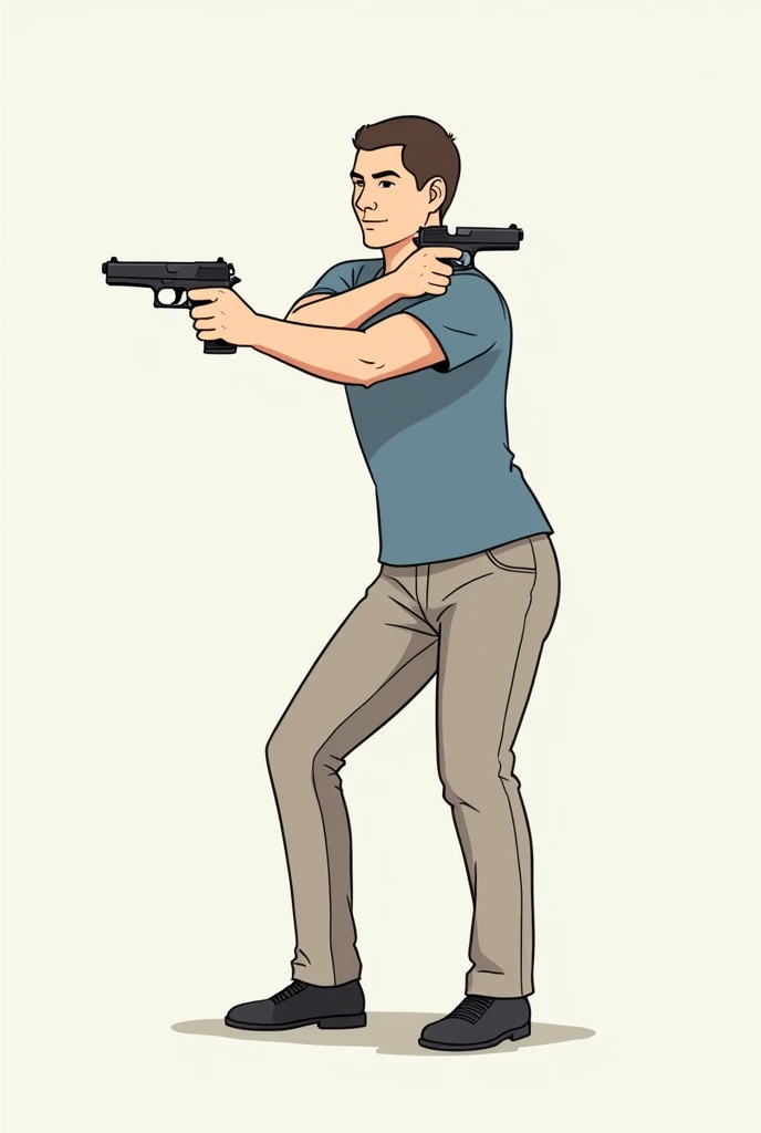 The pistol high ready (compressed ready) stance, illustrated from a side angle in a cartoon diagram, shows a person standing with their feet shoulder-width apart and knees slightly bent for balance. The shooter’s body is slightly leaned forward in a ready posture. The arms are bent at the elbows, bringing the pistol close to the chest, with the muzzle angled slightly upward but not pointing at the target. The hands firmly grip the pistol, with the trigger finger off the trigger and resting along the side of the frame. The head is upright, and the eyes are forward, maintaining focus and situational awareness. The diagram should emphasize the compactness of the stance, with the pistol close to the body, indicating readiness to extend and engage quickly if needed. The background should be simple, highlighting the stance.