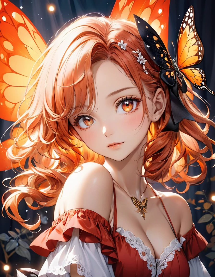 A close-up realistic and artistic portrait painting of a fairy she has a long vibrant sky orange fire wavy hair styled in loose curls with bangs framing her forehead, sexy rasgada roupas decote sensual adorned with a black floral bow, serene and contemplative expression, next to her right eye there is a small detailed butterfly wing tattoo, featuring intricate black and gold patterns with sparkling accents and fine lines resembling veins, The tattoo, consists of delicate black lines forming the wings, with small white dots representing scales. Small white decorative elements resembling flowers, arrows, or tiny branches extend from the wings, creating a sense of depth, wearing a red dress with off-the-shoulder sleeves featuring white lace trim and ruffles with intricate designs, A ribbon is tied into a bow at the center front of the dress, which has a deep V-neckline., Her expression is calm and gentle The scene is set in an elegant room with walls and a matching curtain featuring subtle butterfly design, The lighting is soft and even, highlighting the subject's facial ,The overall composition is centered and balanced, creating a whimsical, enchanting, and inviting mood, 8k, photorealistic, trending on ArtStation .by Galr Dfh