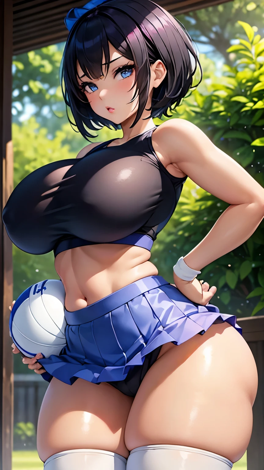 Minamoto Shizuka, 1girl, ((bimbo))), short black hair, blue eyes, puffy lips, painted lips, thick lips, wide hips, thick thighs, enormous round fake breast, huge ass, kiss face, shiny skin, breasts squeezed together, student skirt, white sports bra, high socks, posing