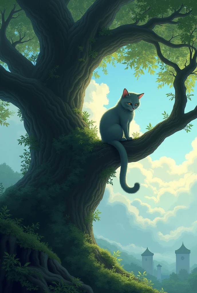 Create a picture of a sad cat on top of the tree
