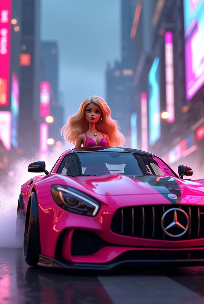 Barbie in an animated Fast and Furious car
