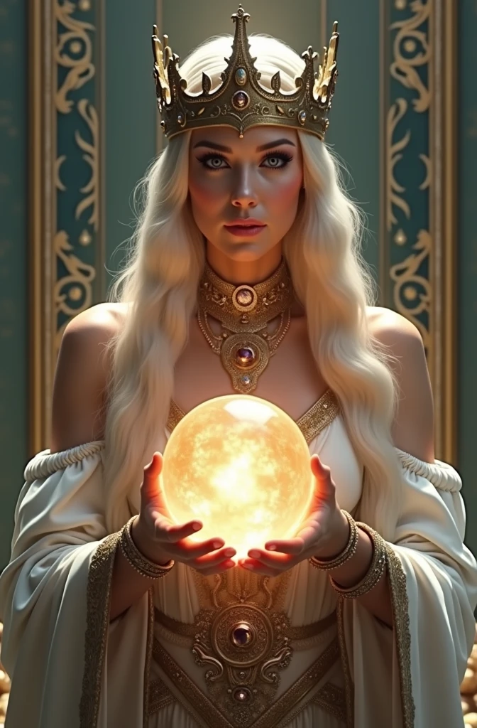 Nordic Goddess,I'm looking forward to seeing her up close with the crown on., Magic crystal ball in hand, Casting a Spell, Highest quality, 4K resolution, Perfect Face, In a luxurious palace, Hyperrealistic art)