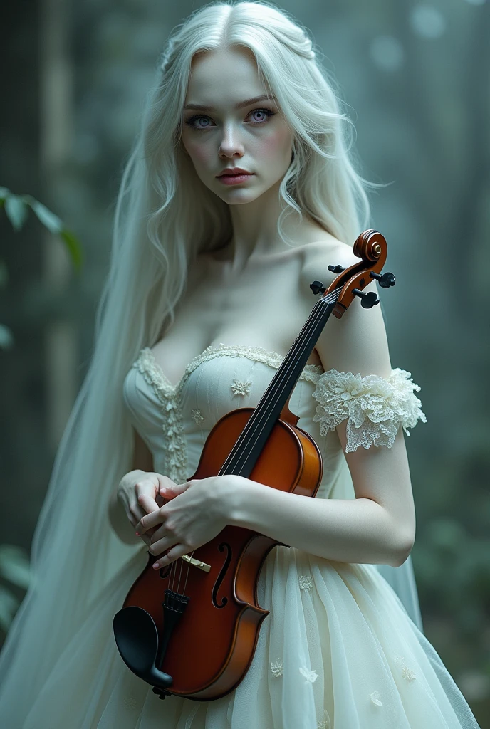 A pale woman with long pale, gray blond hair. Pink eyes, a long, victorian dress, as she holds a violen