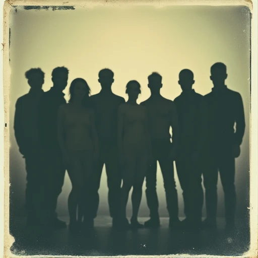 Create a vintage Polaroid photo featuring the shadows of seven adult men and one adult woman standing side by side. Only their shadows are visible, with no discernible features of the individuals themselves. The photo has a mysterious atmosphere, suggesting an eerie, hidden story. The edges of the photo are slightly worn and faded, emphasizing its age and the enigmatic scene captured within.