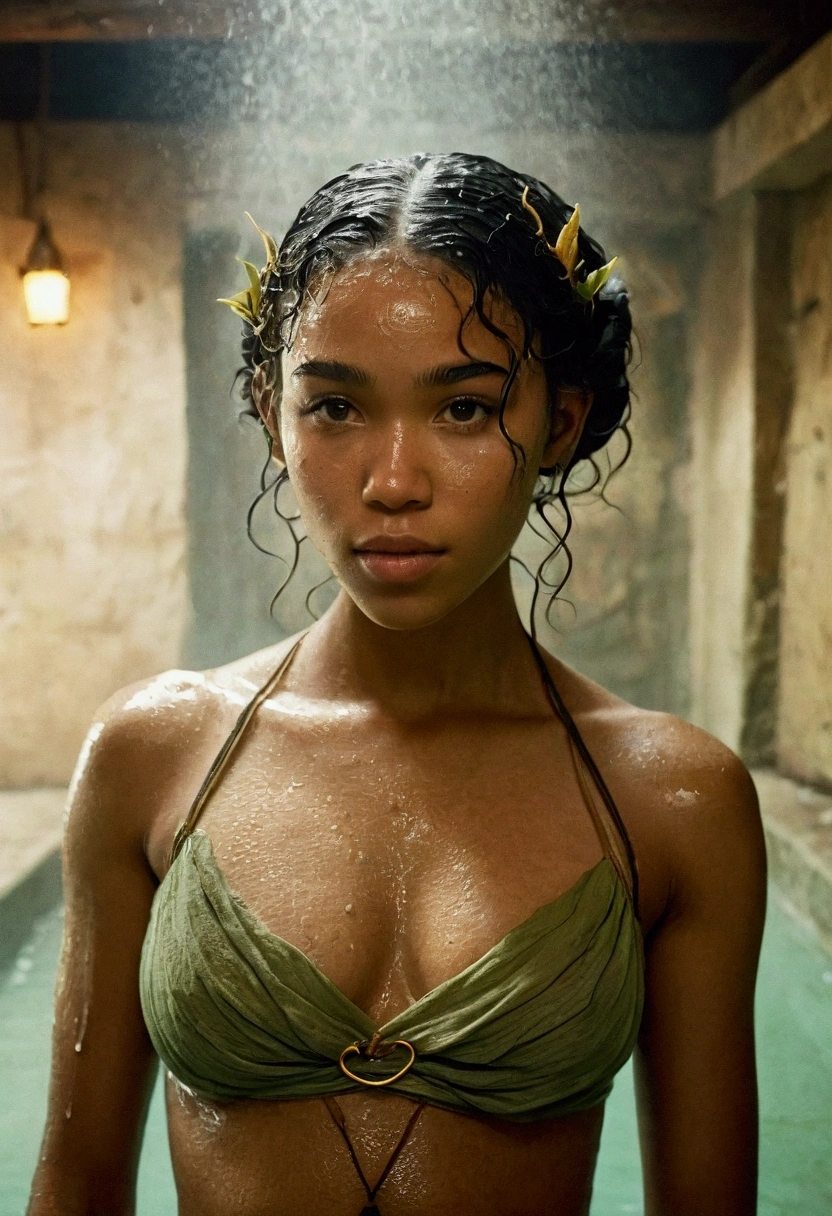 1910s og film photograph, colorized photo of an elven maiden, 18-years-old, amazonian stature, thick-fit hourglass figure, bustasts, athletic, wearing a bralette and a sarong, warm almond complexion, pointy elf ears, dark hair, amber eyes, wild shaggy bob cut, resembles Alexandra Shipp, posing in a steamy subterranean bathhouse, damp clothes, wet skin, dripping matted hair, RAW Photograph, dslr, soft lighting, high quality, film grain, Fujifilm XT3, detailed skin with visible pores, insane details, masterpiece, 8k, 35mm photograph, faded film, desaturated, grainy, vintage, Lomography, stained, highly detailed, found footage, long elven ears