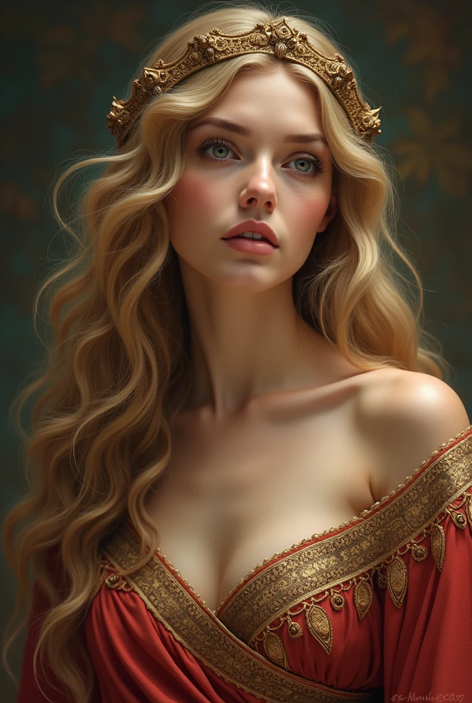 absurd, ultra detailed, high quality, masterpiece, detailed face, pretty eyes(detailed eyes), Greek mythology, Goddess, hera , the queen of the gods, striking and captivating, Features are classically beautiful., with high cheekbones, a perfectly proportioned face, eyes depicted as large and captivating, keep an intense look, Golden hair , Gole hair is lush and flowing., cascading down your back in waves,wearing elegant robes adorned with intricate patterns ,Its beauty is not merely superficial but embodies the essence of power.., authority, and royalty.