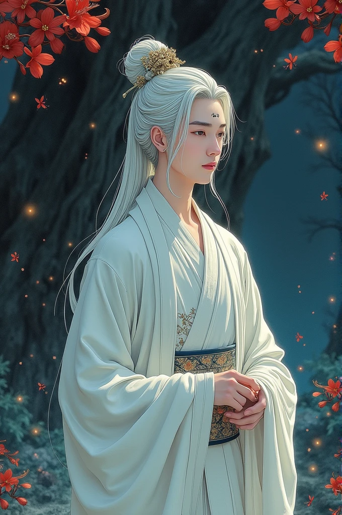 Manhua. Drawing of a man dressed in white traditional Chinese clothes, with long, flowing white hair tied up in half of his head and a beautiful brooch. Stylish. There is a beautiful mark on the forehead. Walk to a large old tree. The night is illuminated by fireflies. Red spider lily flowers spread all over my legs. fantasy world. Cinematic light, ethereal light, intricate detail, ultra detail, incredible detail, full color, intricate detail, extremely detailed and intricate, super maxed, ultra detailed with rich colors. masterpiece, best quality, aerial view, HDR, UHD, unreal engine. Full look into the lens, (acrylic illustration, by artgerm, by kawacy, by John Singer Sargenti) (no earrings) Dark virtual background, Representation, white skin, beautiful face, Rich in details High quality , gorgeous , captivating , 8k , super detailed , stunning lights and shadows , detailed decorations , detailed lines
