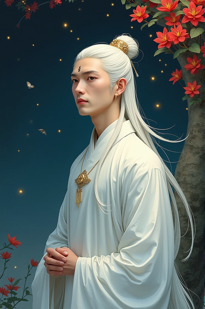 Manhua. Drawing of a man dressed in white traditional Chinese clothes, with long, flowing white hair tied up in half of his head and a beautiful brooch. Stylish. There is a beautiful mark on the forehead. Walk to a large old tree. The night is illuminated by fireflies. Red spider lily flowers spread all over my legs. fantasy world. Cinematic light, ethereal light, intricate detail, ultra detail, incredible detail, full color, intricate detail, extremely detailed and intricate, super maxed, ultra detailed with rich colors. masterpiece, best quality, aerial view, HDR, UHD, unreal engine. Full look into the lens, (acrylic illustration, by artgerm, by kawacy, by John Singer Sargenti) (no earrings) Dark virtual background, Representation, white skin, beautiful face, Rich in details High quality , gorgeous , captivating , 8k , super detailed , stunning lights and shadows , detailed decorations , detailed lines