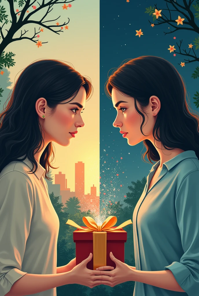 **Title**: "Between the Present and the Future" **Cover Description**: The book's cover is simple but striking, with a background divided in half. On one side, a cityscape with modern buildings and bright lights at night. On the other, a house in a quiet neighborhood, surrounded by trees and a green lawn, representing the emotional and physical distance between the two scenarios. In the center of the cover, there is a prominent image of a large gift, wrapped in gold paper and decorated with a red ribbon. The lid of the box is slightly raised, from which colorful sparkles emerge, representing the symbolism and expectations placed on the gift. Within the reflection of the sparkles, it is possible to see the outline of a PS5, subtly visible, but not in focus, indicating the central conflict of the plot. On the right, is the main character, a 2 woman with short brown hair, wearing a white dress shirt and jeans, in a reflective pose, with a serious expression, looking at the present. Her appearance conveys maturity and stability, but also doubt and tension. On the left is her girlfriend, a 2 woman with long, wavy blonde hair, wearing a floral dress, holding the gift in both hands. Her expression is hopeful, but with a hint of worry, reflecting her desire to please her daughter and her uncertainty about her girlfriend's reaction. **Source**: The title "Between the Present and the Future" is written in an elegant, white cursive font, contrasting with the background, while the author's name is in a simple, understated font at the bottom. This cover encapsulates the story's dilemma, the conflict of expectations, and the emotional tension between the two characters.