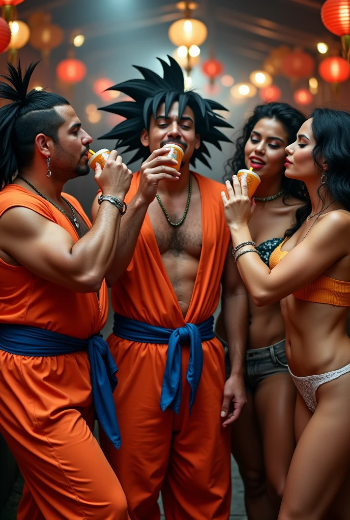 3 Latino men dressed in Dragon Ball Z clothing drinking chicha. The three men are surrounded by beautiful women dressed as prostitutes. 

