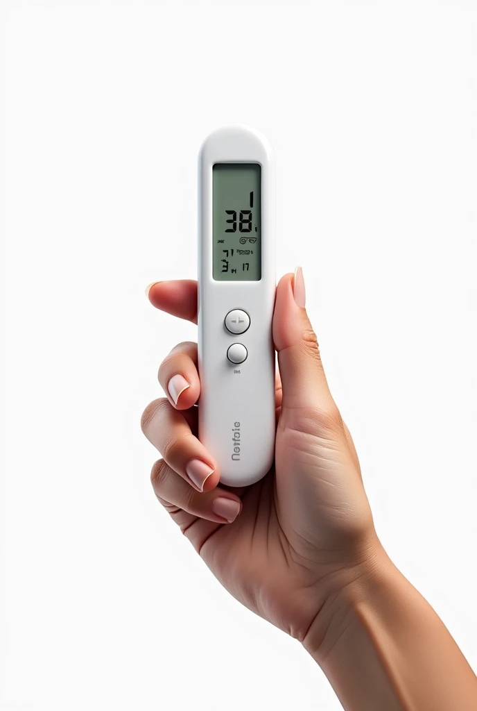 A termometer that show 38.1 C held by a hand with white background. Realistic picture with realistic drawstyle