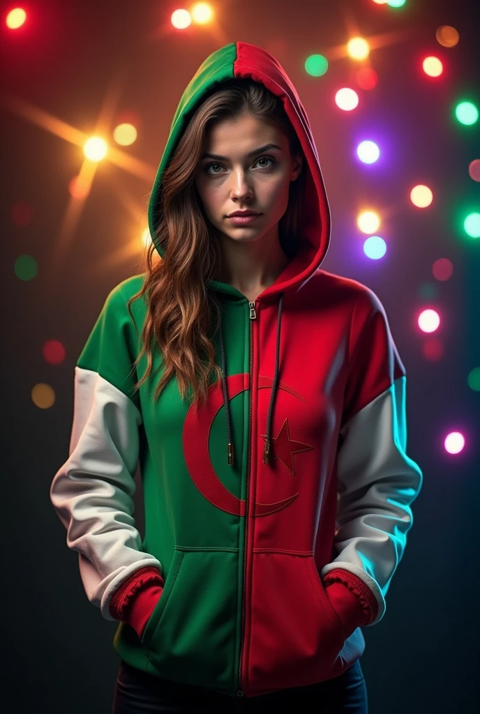 Woman wearing a green, white and red hooded jacket with the Algerian flag. She has long brown hair and is looking directly into the camera.. She puts her hands in the pockets of her hoodie, black background decorated with colored lights.