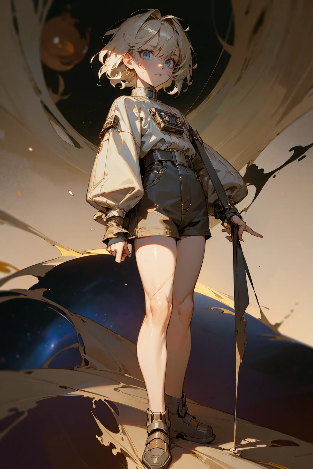 Masterpiece Quality, Perfect Generation, Sclera, Detailed Eyes, Skin, Short Highlights Hair, , Random Clothing, Random Expression, , Space Background, Full Body, Clothed, Hair Tie, Mad, Standing, strong, , eyes, , masculine, t, , scars,