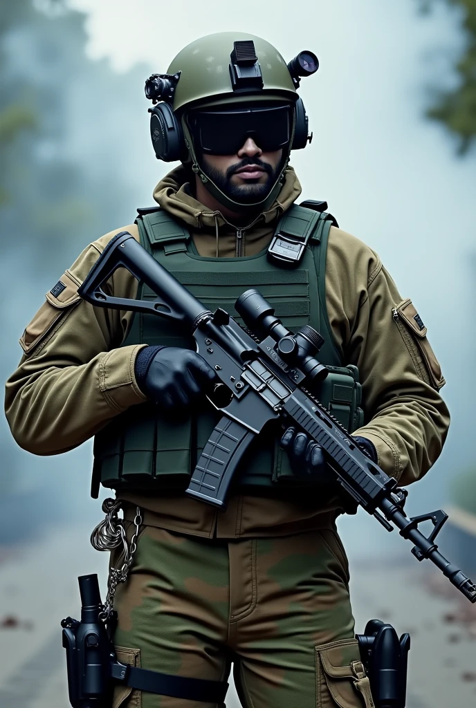 a modern Dutch soldier in multi-camo combat clothing, a modulated plate carrier. a helmet with night vision on, with a colt c7 as a weapon, with handcuffs on his hip belt, standing with the weapon in front of his chest, with smoke in the background