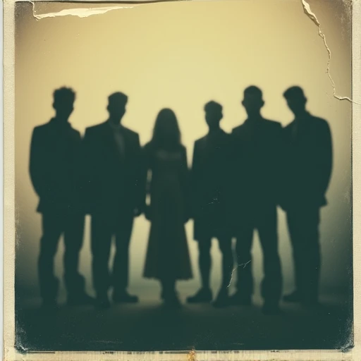 Create a vintage Polaroid photo featuring the shadows of seven adult men and one adult woman standing side by side. Only their shadows are visible, with no discernible features of the individuals themselves. The photo has a mysterious atmosphere, suggesting an eerie, hidden story. The edges of the photo are slightly worn and faded, emphasizing its age and the enigmatic scene captured within.