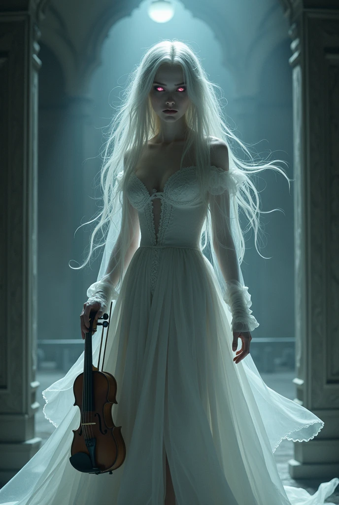 A pale woman with long pale, gray blond hair. Pink eyes, a long, victorian dress, as she holds a violen. Demon slayer style