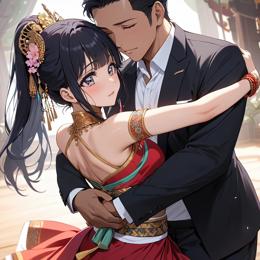 ((Highest quality)), ((masterpiece)), (detailed), (Perfect Face)、The woman is Reika Aoki, a dark-skinned Thai with semi-long hair.、A woman is wearing a Thai dance costume in Thailand and dancing the Thai dance Ram while being hugged by a man