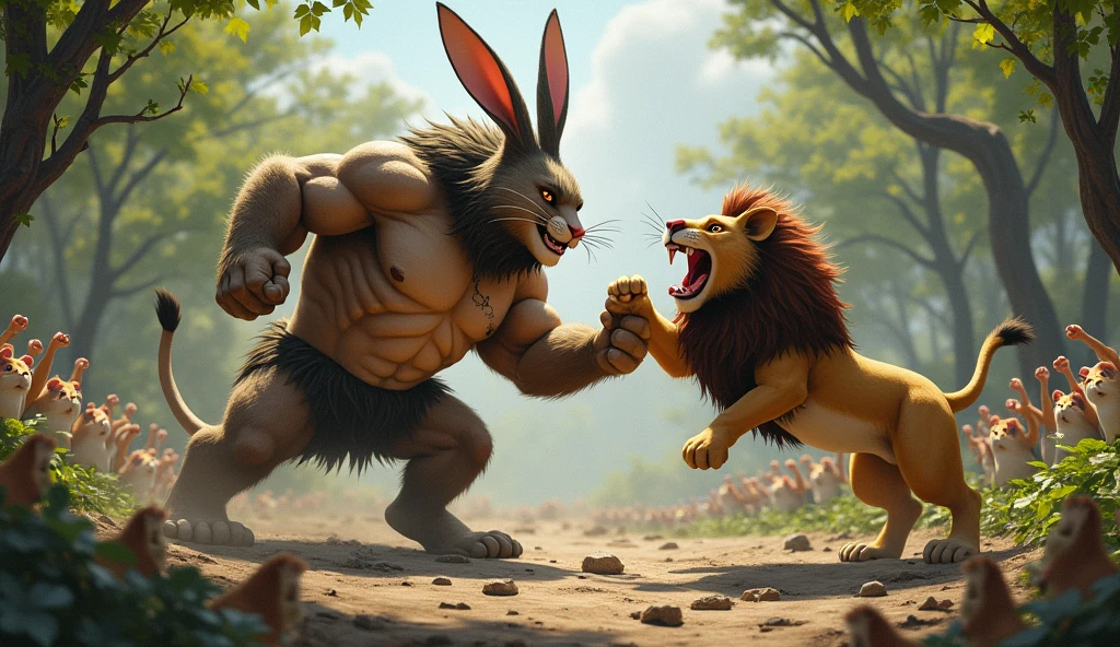 Rocky Rabbit with a six-pack body and very tall with a body full of hair fights with a big lion in an open space with many bushes and trees and knocks the lion to the ground, blood pours from the lion's mouth and puts one foot on the lion's neck.  There are many hamsters around who are celebrating Rocky Rabbit winning