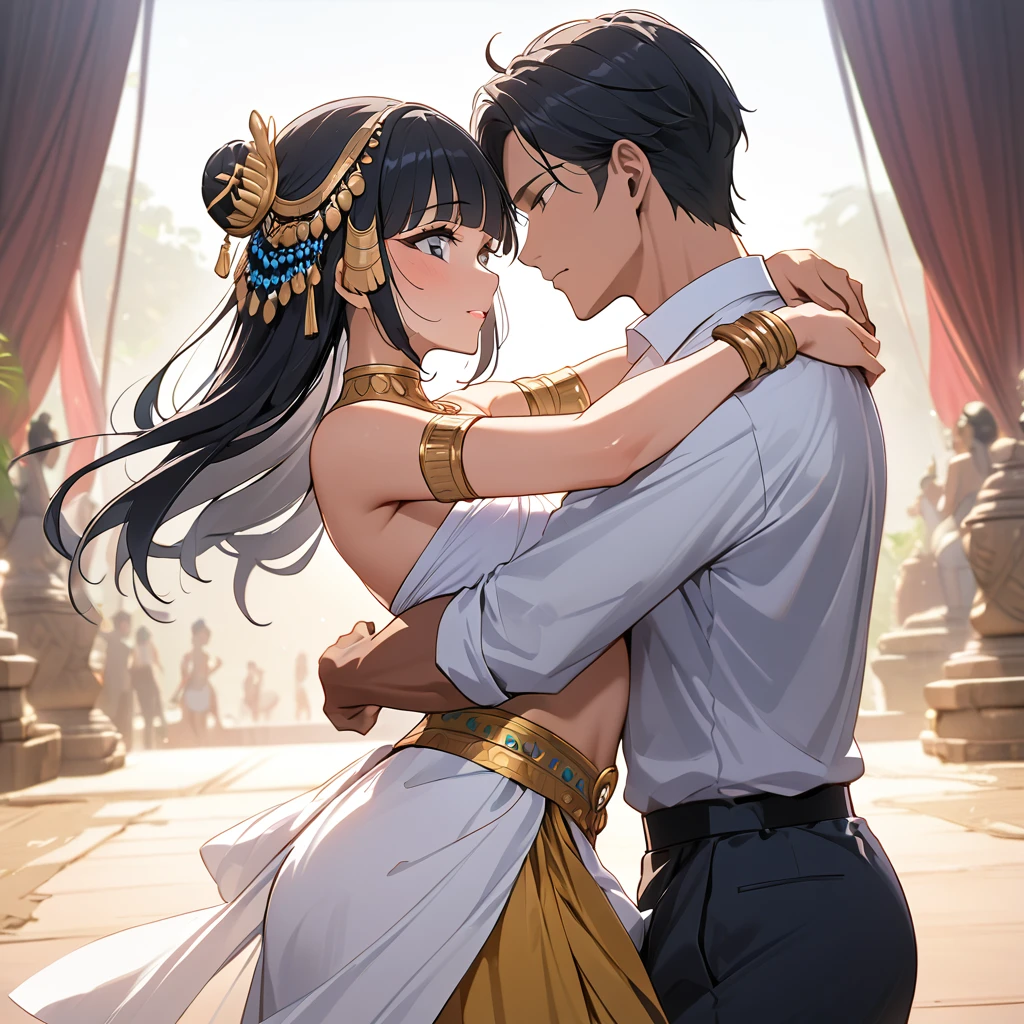 ((Highest quality)), ((masterpiece)), (detailed), (Perfect Face)、The woman is Reika Aoki, a dark-skinned Cambodian with semi-long hair.、A woman is wearing an Apsara dance costume in Cambodia and is dancing the Apsara dance while being hugged by a man.