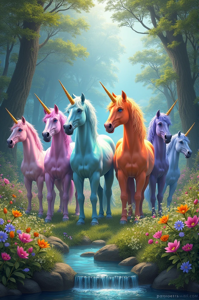 Realistic colorful unicorns and nature background