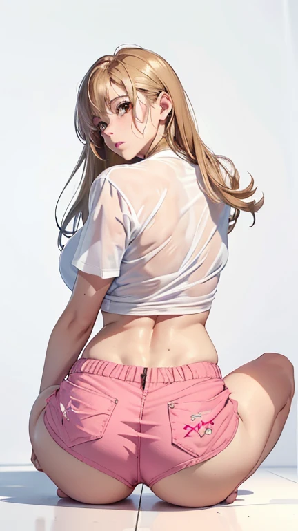 （（（完美cipher，cipher，Alone， white and tender skin，（（（cyberpunk，short sleeves,  Dolphin shorts, T-shirt, pink shorts, White shirt, , ））），（（（MiaChadef, by the wide, by rubio, Brown eyes,，））），((masterpiece)),High resolution, ((Best quality at best))，masterpiece，quality，Best quality，（（（ exquisite facial features，Looking at the audience,There is light in the eyes，(（（Eggs，happy，））），））），（（（Light and shadow，huge breasts））），（（（looking to the camera，White background，thrown on the floor，looking back at the camera，from behind，plump ass)）））