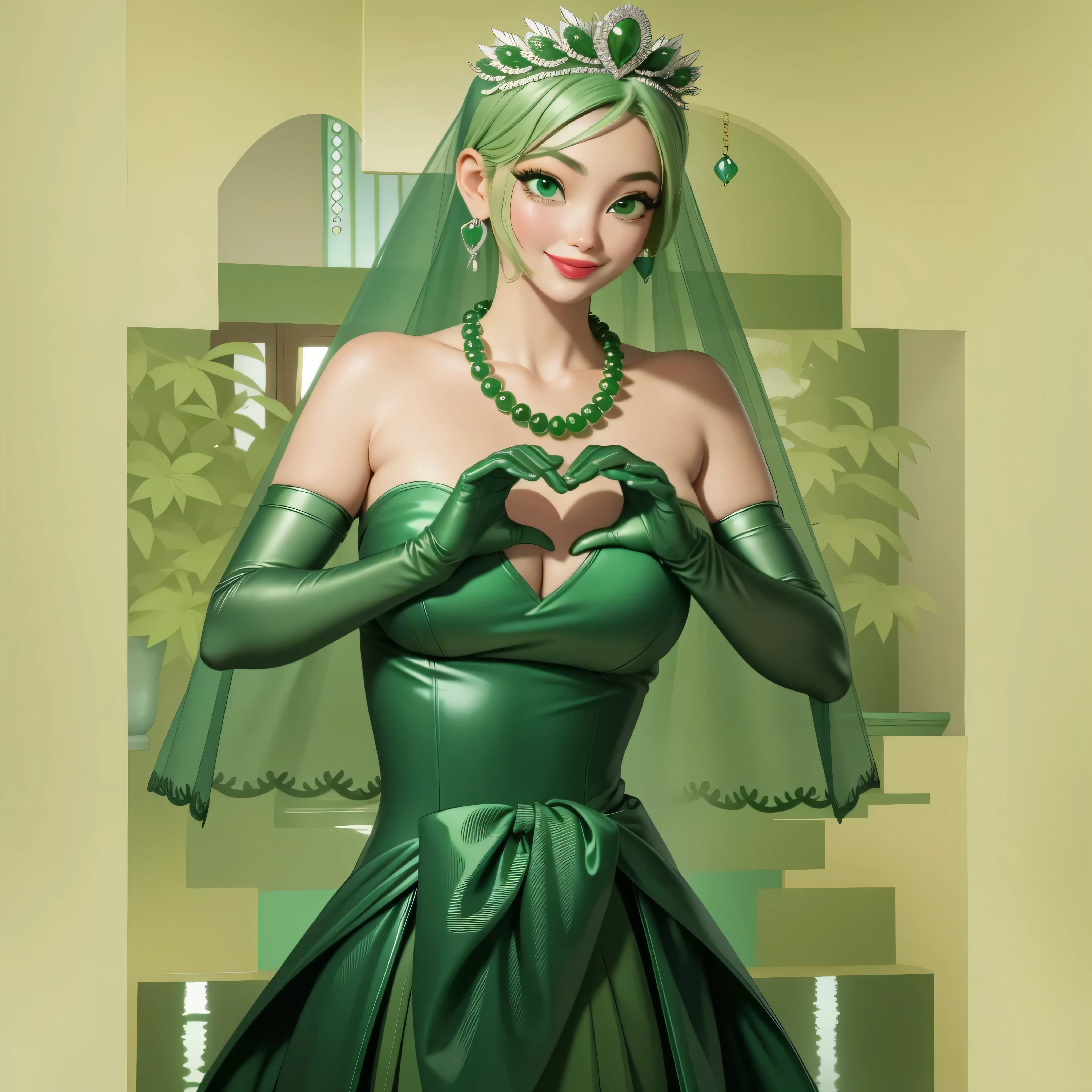 Emerald tiara, Green Pearl Necklace, Boyish very short green hair, Green Lips, Smiling Japanese woman, Very short hair, Busty beautiful lady, Green Eyes, Green satin long gloves, Green Eyes, Emerald Earrings, Green veil, Heart with both hands, Green Hair, Beautiful Japanese Woman, Heart shaped hands:1.3, green lip gloss