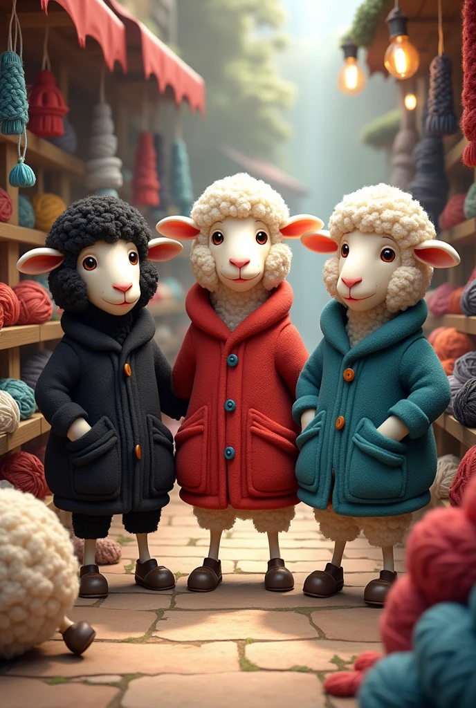 Three cute cartoon black sheep, red sheep and blue sheep shopkeeps standing on their woolen products shop happily and with confident in the same shop