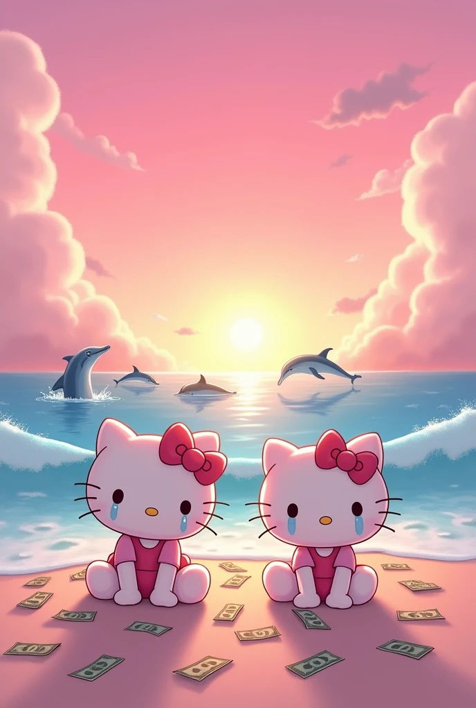 Hello Kitty and Cinamoroll crying on the floor with money on the floor on a pink background with dolphins and unicorns jumping in the sea during sunset