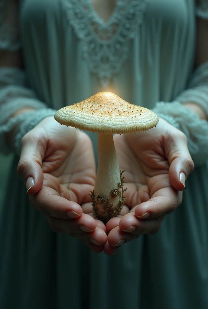 An image of hands with a mushroom in their hand that looks astral