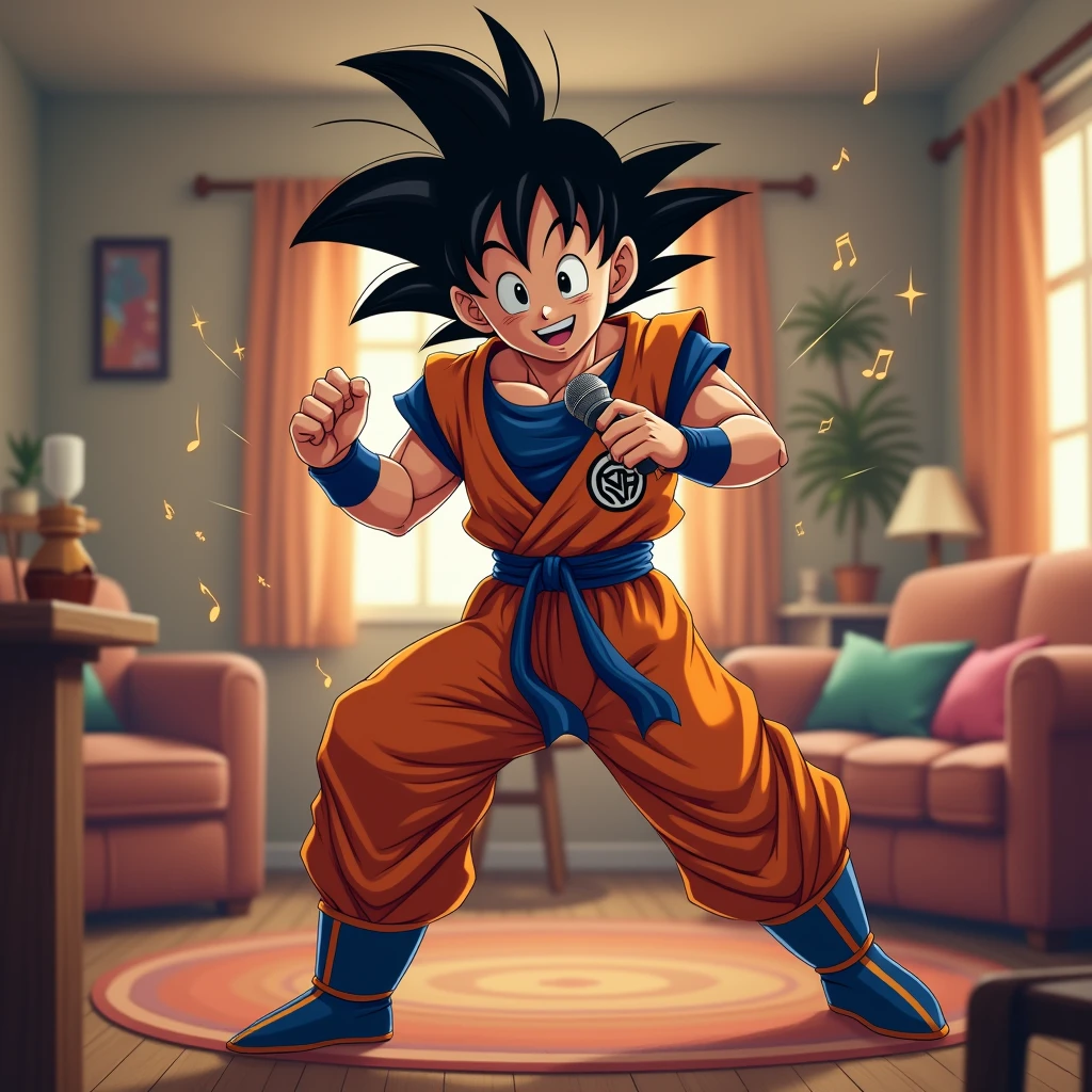 Goku dancing with a microphone in his hand in the living room of his house