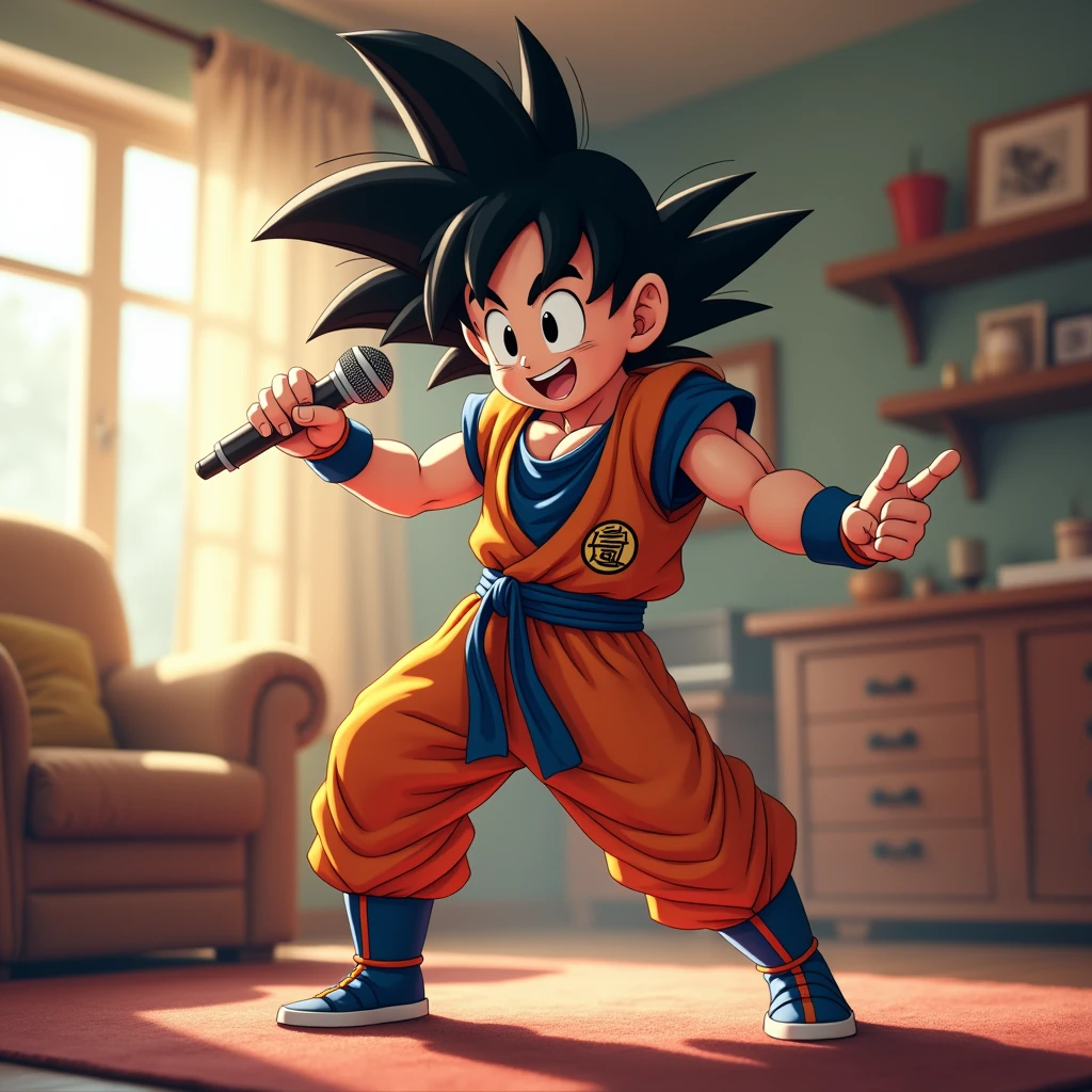 Goku dancing with a microphone in his hand in the living room of his house