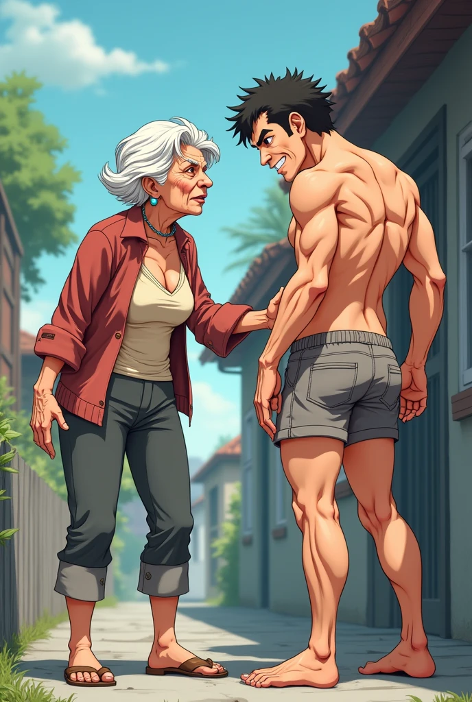 Old and ugly lady touching butt of young partially muscular guy of years in shorts (anime style)