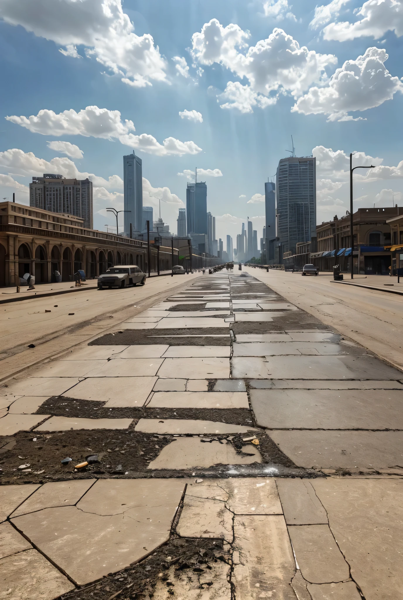 In a world, where water has become an unattainable dream, a once flourishing metropolis reveals itself in its miserable decay. The streets are dry, covered with cracked earth, and the once magnificent skyscrapers are now deserted and bleached by the sun. On the asphalt, where crowds used to be lively, are now scattered, broken water bottles and empty containers, which were deformed by the incessant heat. The buildings, whose windows are broken and facades are crumbling, cast long shadows on the ground and convey a feeling of eternal barrenness. The sky above is a dull grey, covered by thick clouds of dust, which stifle any hope of rain.