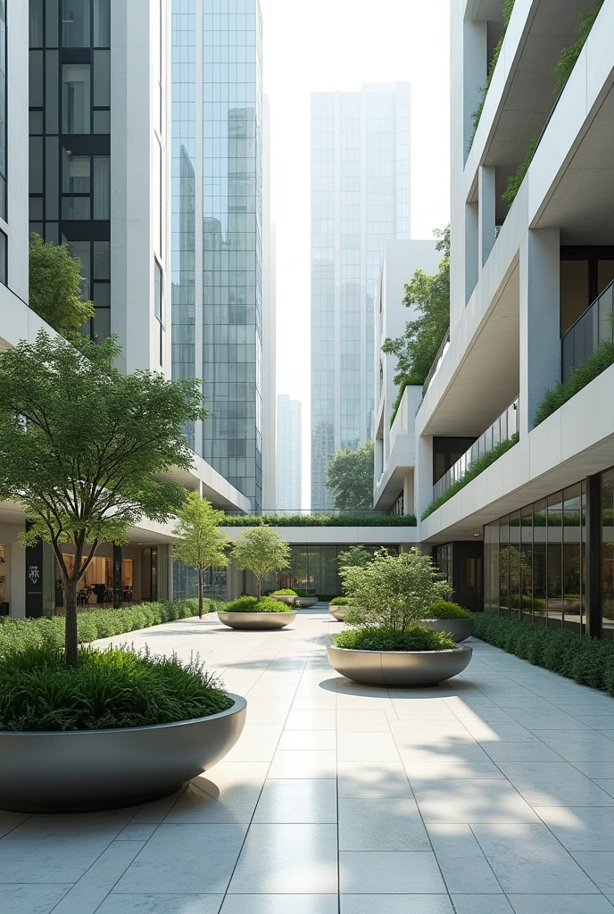 Like an expert architect, he creates a small square with a modern and futuristic style that contains planters. 