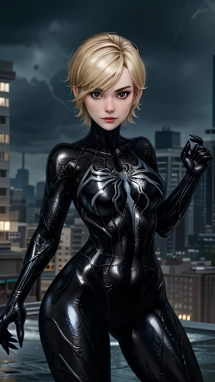 1 girl, Spider-Man Venom Black Suit, short blunt hair, blond, pretty face, Rain, roof, first work, cracked details, perfect anatomy