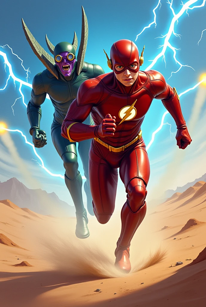 I want an illustration of Ezra Miller's Flash with Asian features and an aquiline nose., with large copper armor on the body and running in the desert between blue electric rays and chased from behind by a being with a purple face and fangs with a dark green suit and mask, round goggles, four long dragonfly wings and a cannon that shoots yellow rays