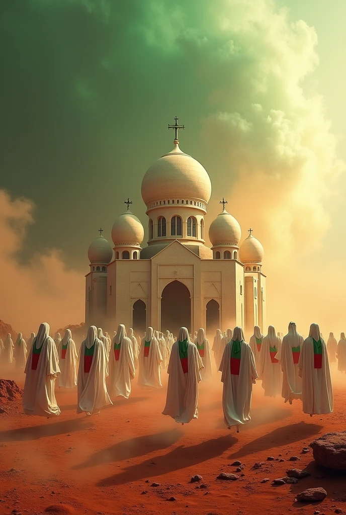 Create a photorealistic image of an Ethiopian classic Orthodox church with seven hemispherical doms built on Mars ,large number of prayers wearing white cottonn clothes, the prayers stay on air only,the scene like dune film,dust storm, green,yellow and red fabric hanging over the prayers waving,add Ethiopian flag strip on their cloth.