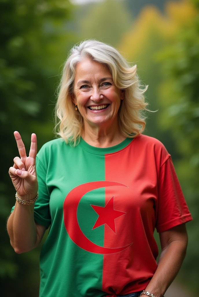 Fat blonde woman wearing a summer t-shirt with the Algerian flag on it. And she gives the sign of peace with her right hand.. and smile. Green nature background. Realistic picture, she is proud of her country.